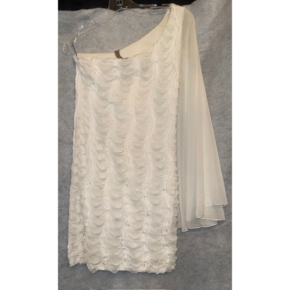 Monaco One Shoulder Dress White Textured Sheer Sleeve Party‎ Cocktail Size S